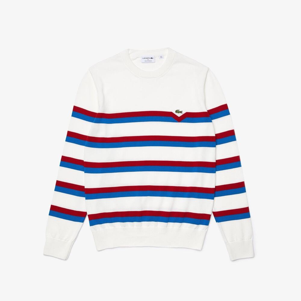Lacoste AH6788 Made in France Striped Organic Cotton Sweater M White Red Blue